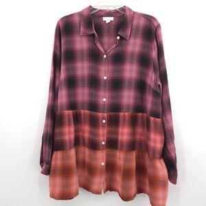 J. Jill plaid button up flannel tunic top Size L tiered‎ A-line red orange